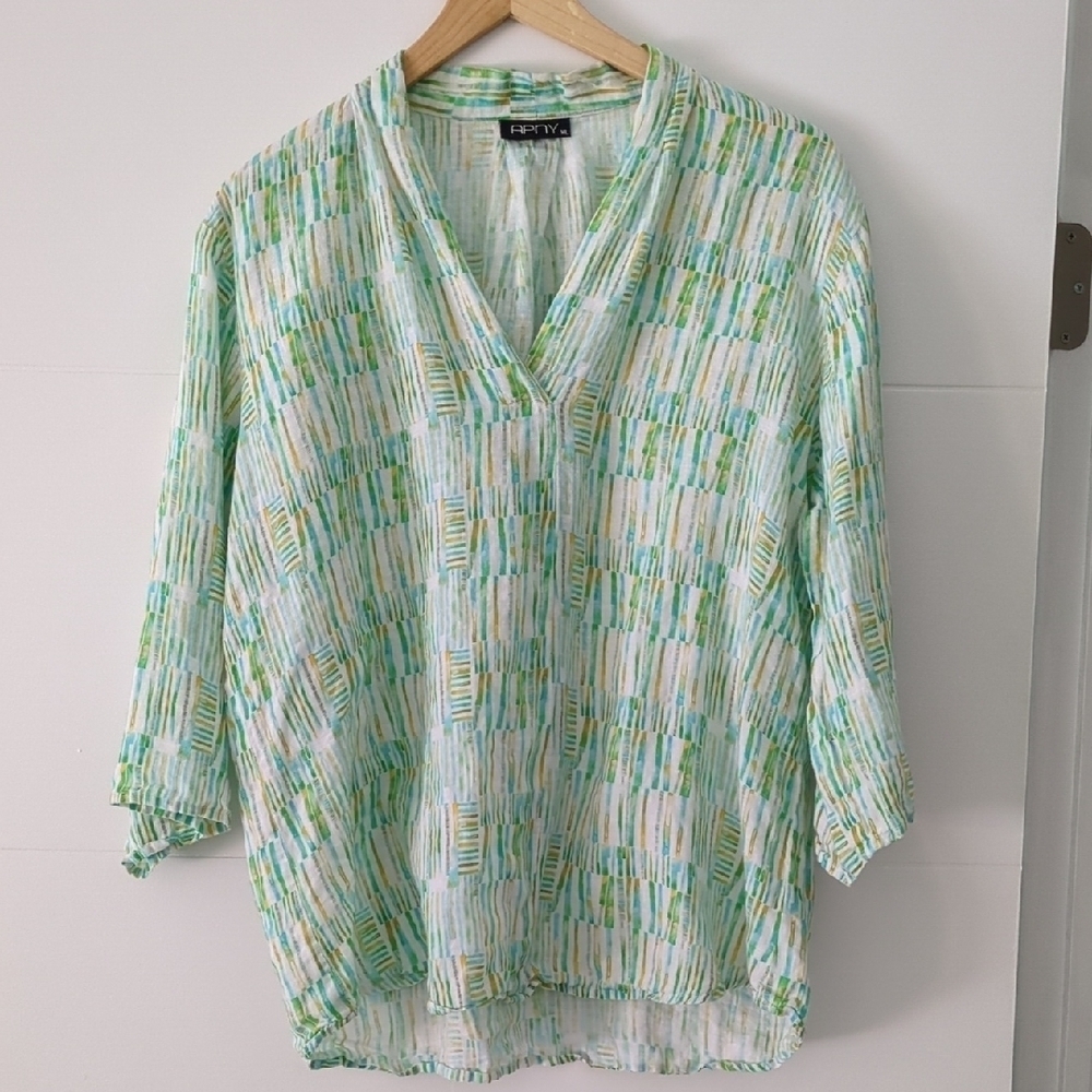 APNY Linen Abstract Geo Green And White Print Roll Tab Sleeves Women's Top XL